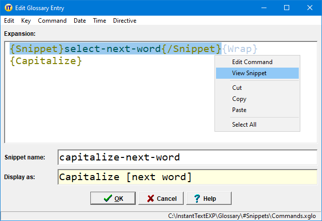 View Snippet menu item