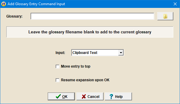 Add Glossary Entry Command Input