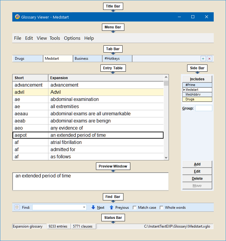 Glossary Viewer Screen