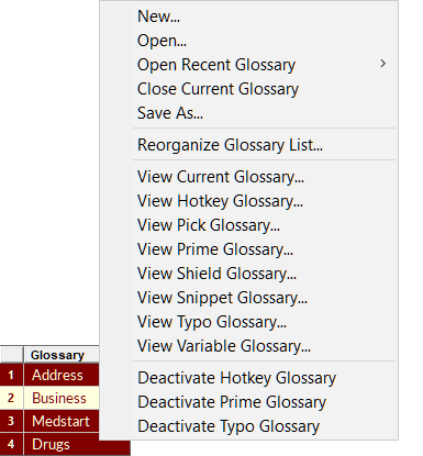 Glossary Menu