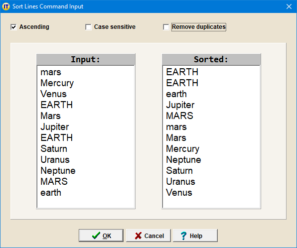Sort Lines Command Input